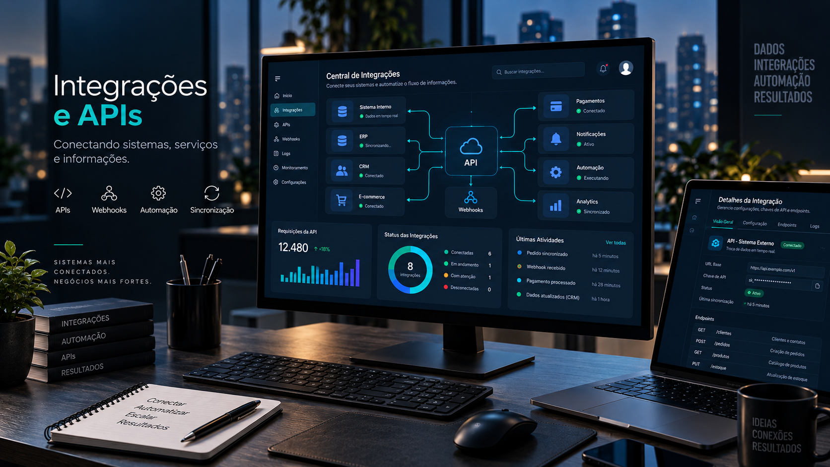 Ambiente tecnológico representando integrações entre sistemas, APIs, plataformas digitais e automação de informações.