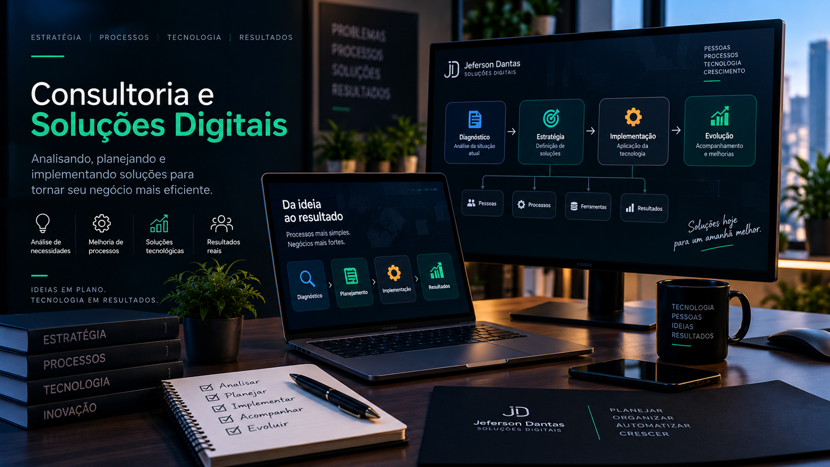 Ambiente profissional com ferramentas de planejamento, análise de processos e soluções digitais para empresas.