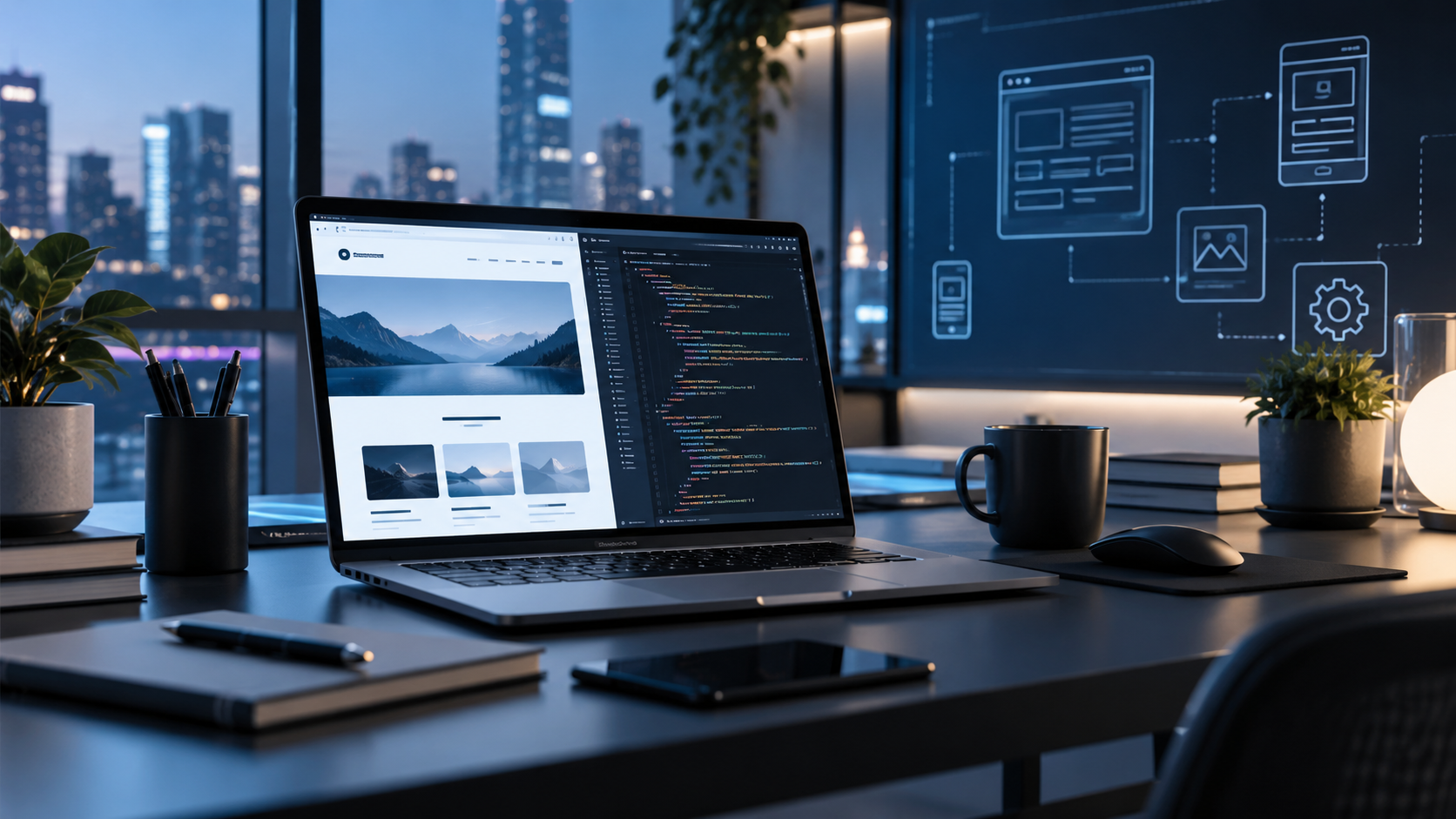 Ambiente de desenvolvimento web com telas exibindo código de programação e interfaces de aplicações digitais.