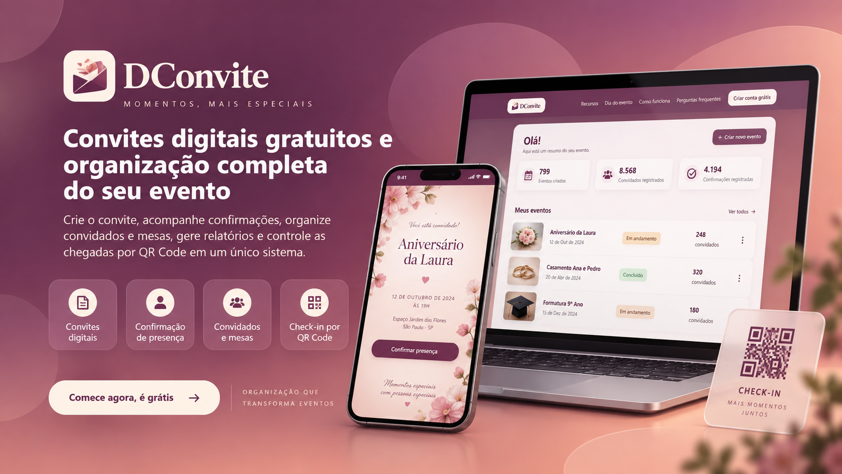 DConvite, plataforma de convites digitais e gestão de eventos com confirmação de presença, organização de convidados e check-in por QR Code.