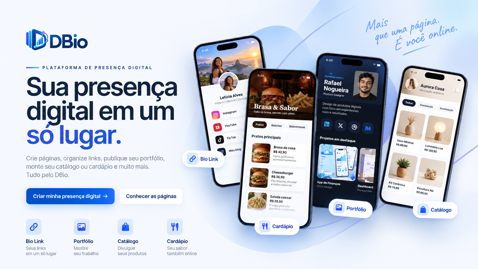 DBio, plataforma de presença digital para criação de Bio Links, catálogos, cardápios e portfólios profissionais.