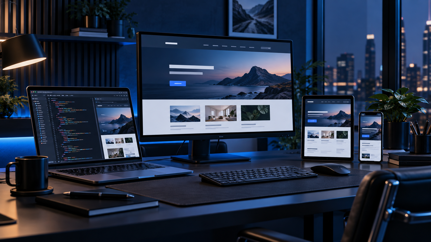 Desenvolvimento de sites profissionais e responsivos com interfaces modernas para computadores e dispositivos móveis.