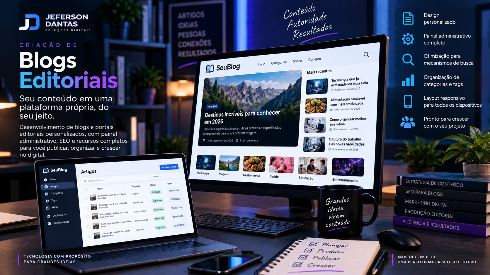 Desenvolvimento de blogs editoriais personalizados com painel administrativo, gerenciamento de artigos e estrutura de SEO.
